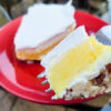This cold dessert is made with instant lemon pudding, cool whip, cream cheese, and a pecan shortbread crust.