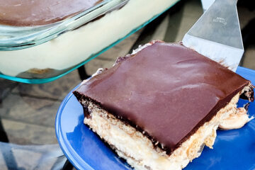A slice of eclair cake is the perfect dessert on a hot day.