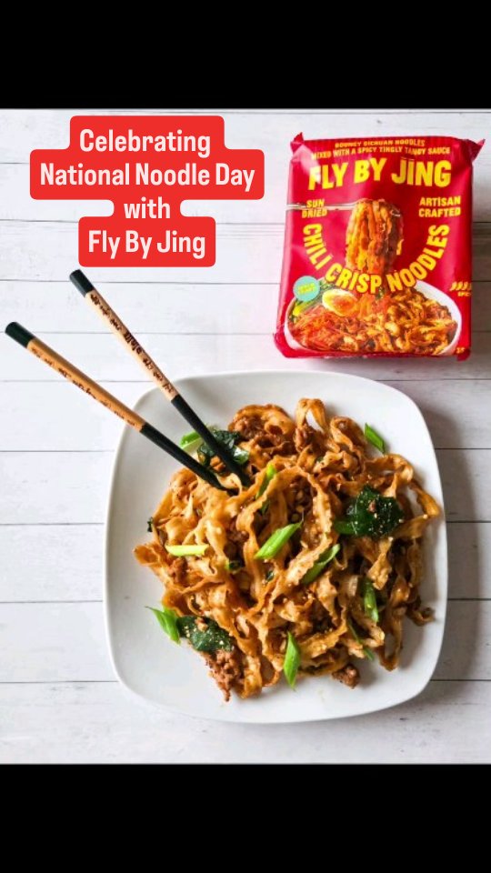 Happy National Noodles Day! 🍜 

I found a four pack of @flybyjing Sichuan noodles at @Walmart and turned them into my version of Dan Dan Noodles in under thirty minutes.

Here is how it came together: 

I browned a pound of ground pork and seasoned it with two of the four seasoning packets. 

The noodles cooked for six minutes, and I added a couple handfuls of spinach in the last minute. 

After draining the noodles and spinach, I tossed everything with the remaining seasoning packets and all four oil packets, then stirred in the pork and tossed again. The dried chives went in next, and I finished the serving bowl with fresh green scallions and chopped peanuts.

The flavor is spicy and deeply umami, and the crunch from the scallions and peanuts makes every bite even better! It fed all five of us, and dinner was done in thirty minutes. Talk about a win! 

That's my kind of celebration. 🥳

Pick up Fly By Jing noodles on your next WalMart run, or use code CHICKENSOUPWITHDUMPLINGS for 10% off at flybyjing.com/collections/shop. Hit the link in my TapBio to go straight there!

#NationalNoodlesDay #FlyByJing #FlyByJingFind #FlyByJingPartner #30minutemeals